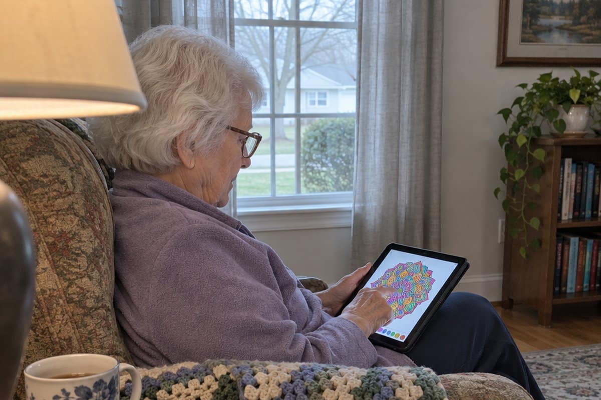 Older woman in an armchair tapping a mandala coloring page on a tablet