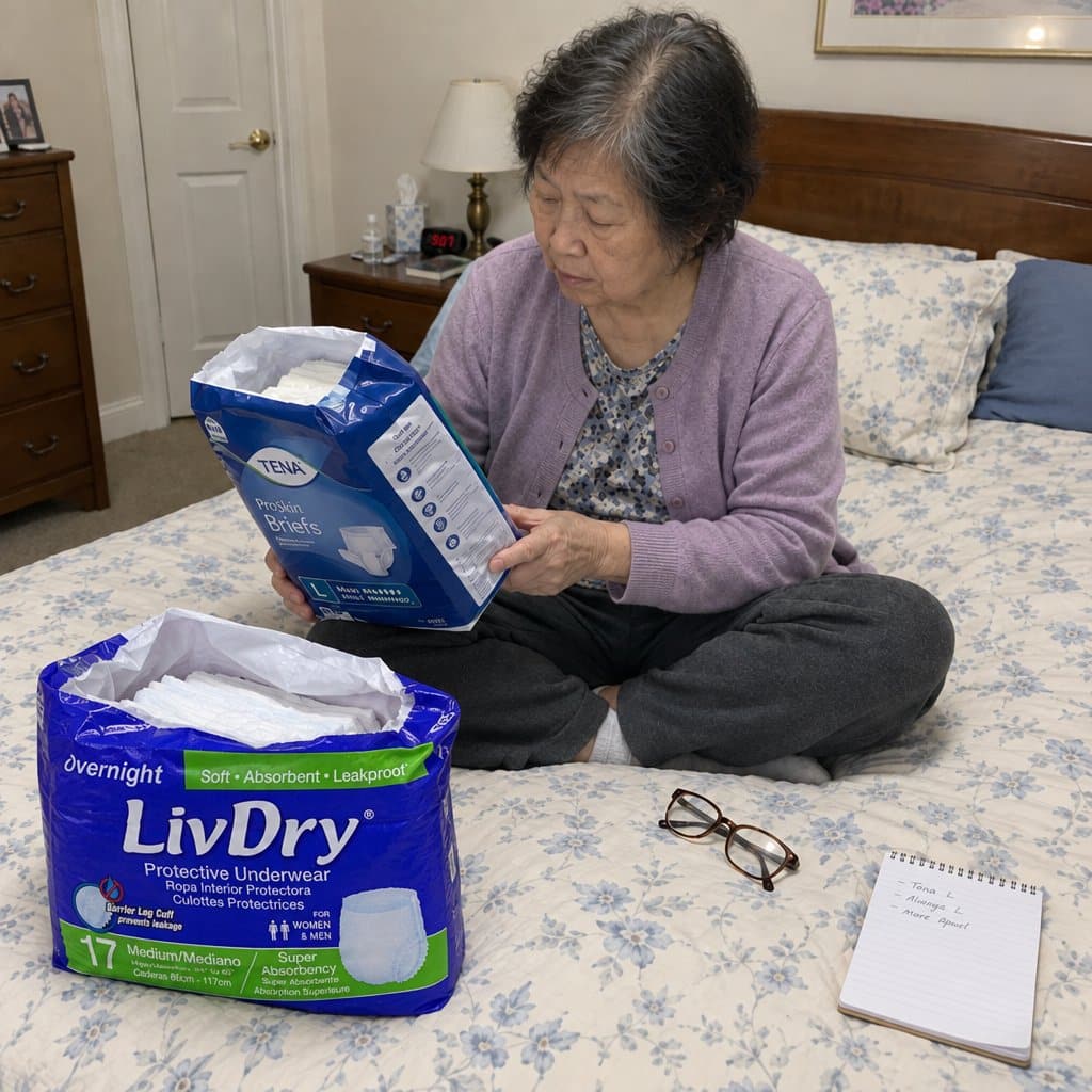 An older woman sitting on the bed comparing two open packages of incontinence briefs, reading glasses nearby