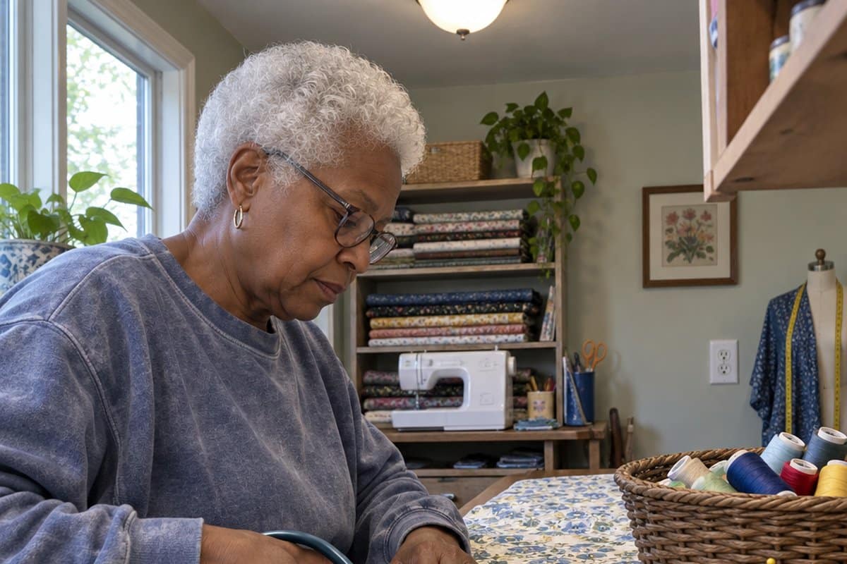 Older woman cutting fabric with curved-handle scissors at a sewing table