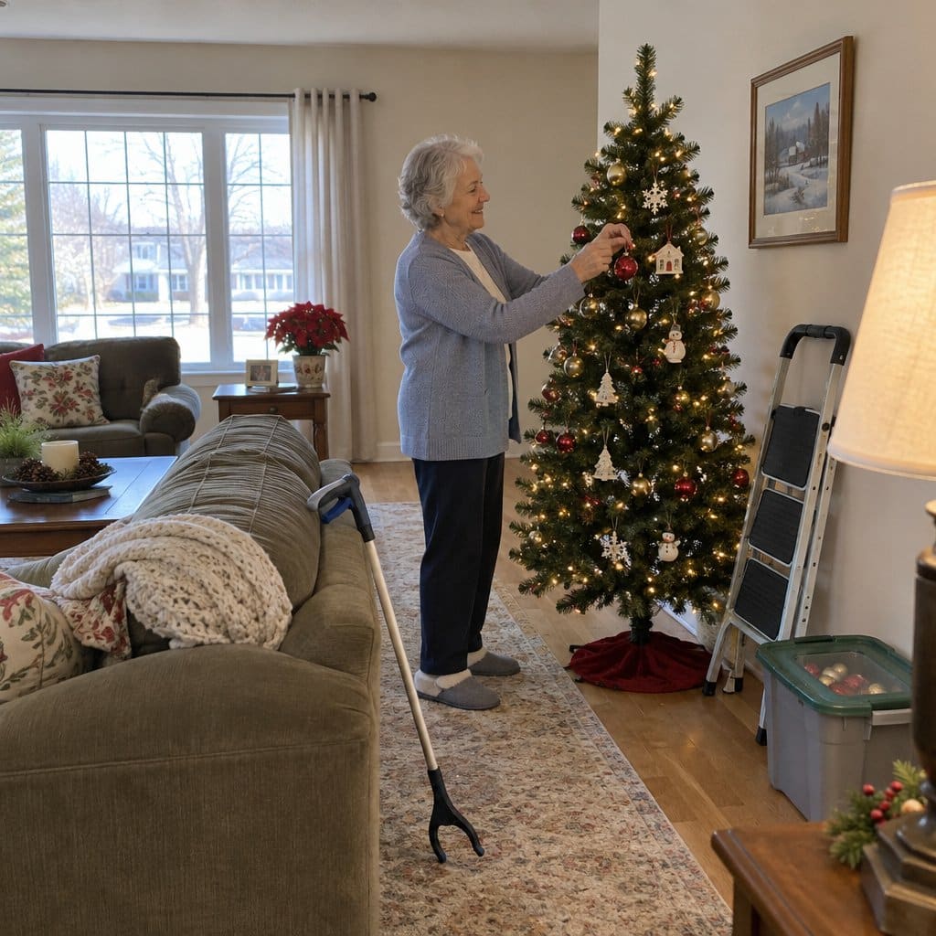 Older woman hanging an ornament on a small pre-lit Christmas tree in a bright living room