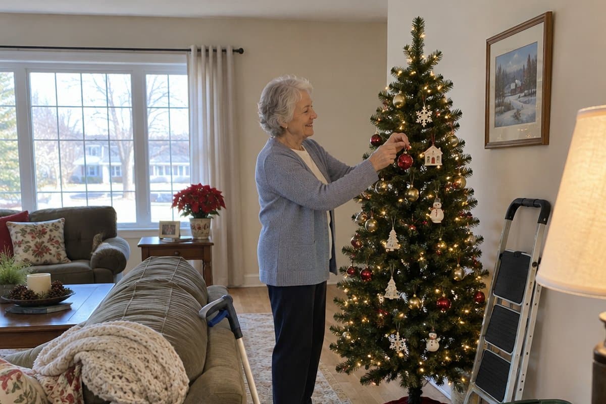 Older woman hanging an ornament on a small pre-lit Christmas tree in a bright living room