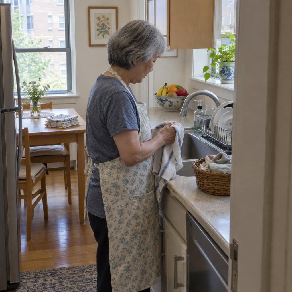 An older woman drying her hands with a dish towel beside a basket of cloth towels at a kitchen sink.