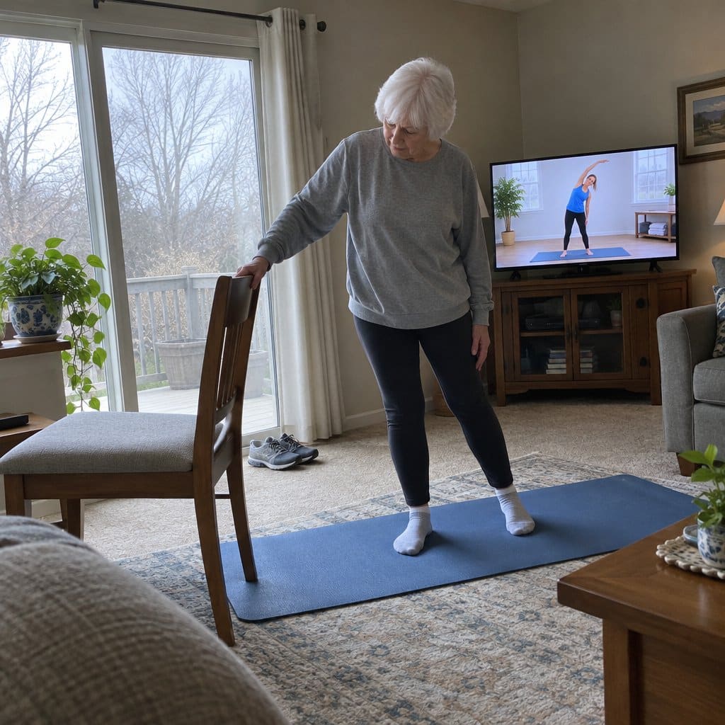 Older woman doing a gentle stretch on a mat holding a chair while an exercise program plays on TV