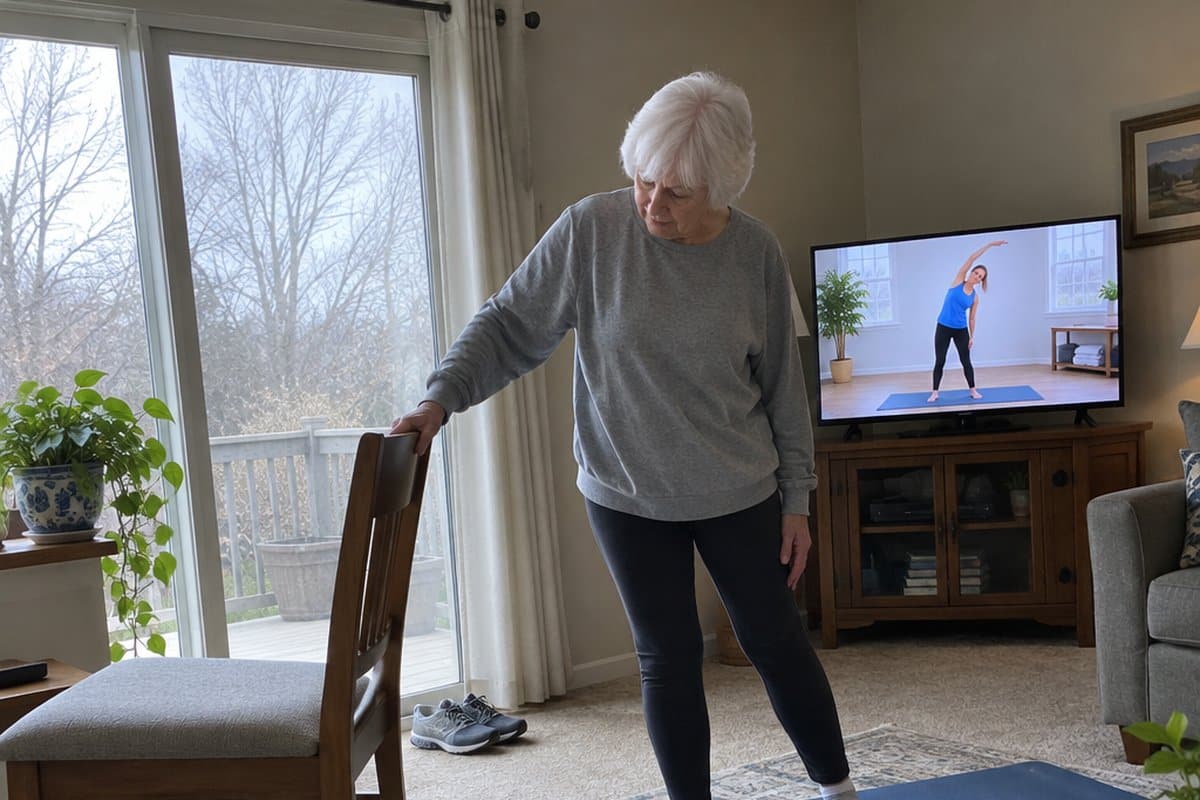 Older woman doing a gentle stretch on a mat holding a chair while an exercise program plays on TV