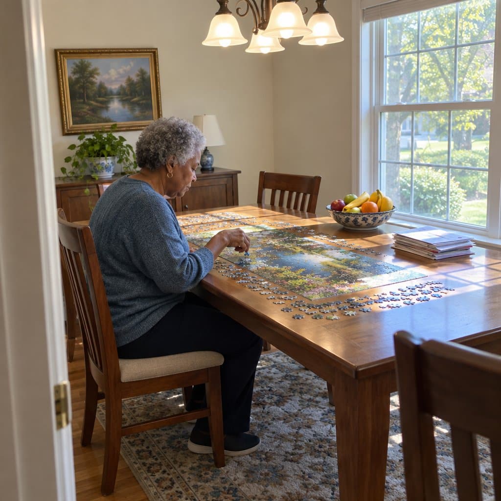 Older woman working on a jigsaw puzzle at a dining table beside a bright window