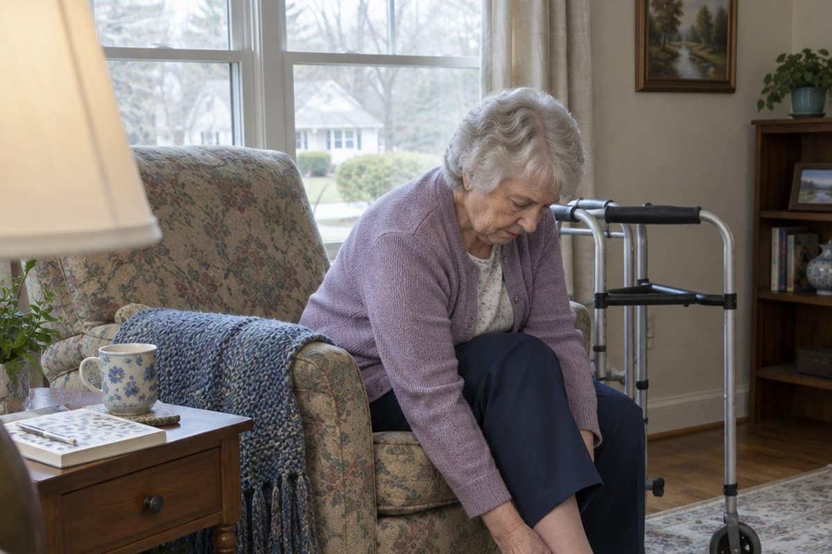 Older woman seated in an armchair easing a wide strap shoe onto her swollen foot, a walker beside her
