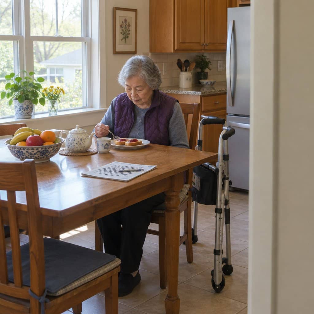 Older woman at a kitchen table with a plate of toast and a walker beside her