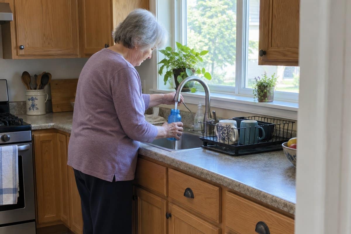 Older woman with grey hair filling a small water bottle at a kitchen sink