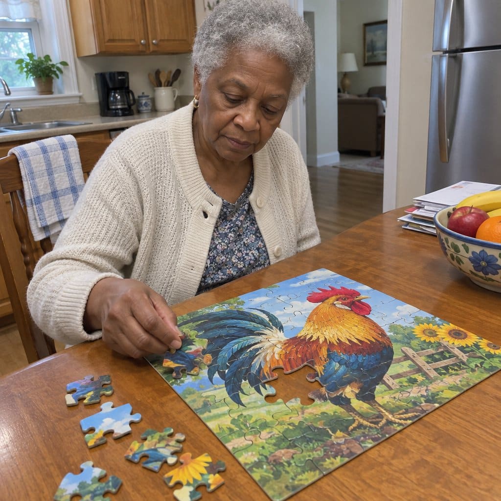 Older woman at a kitchen table placing a large piece in a nearly finished puzzle