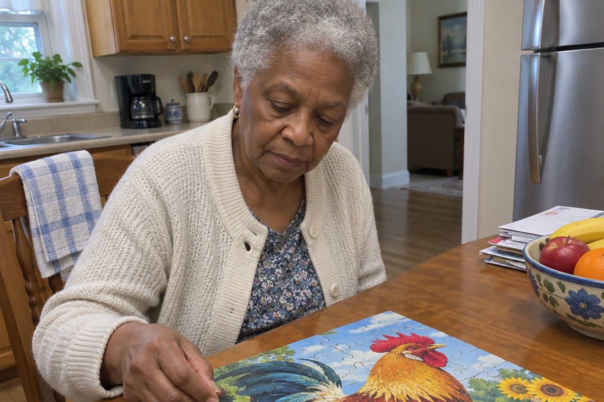 Older woman at a kitchen table placing a large piece in a nearly finished puzzle