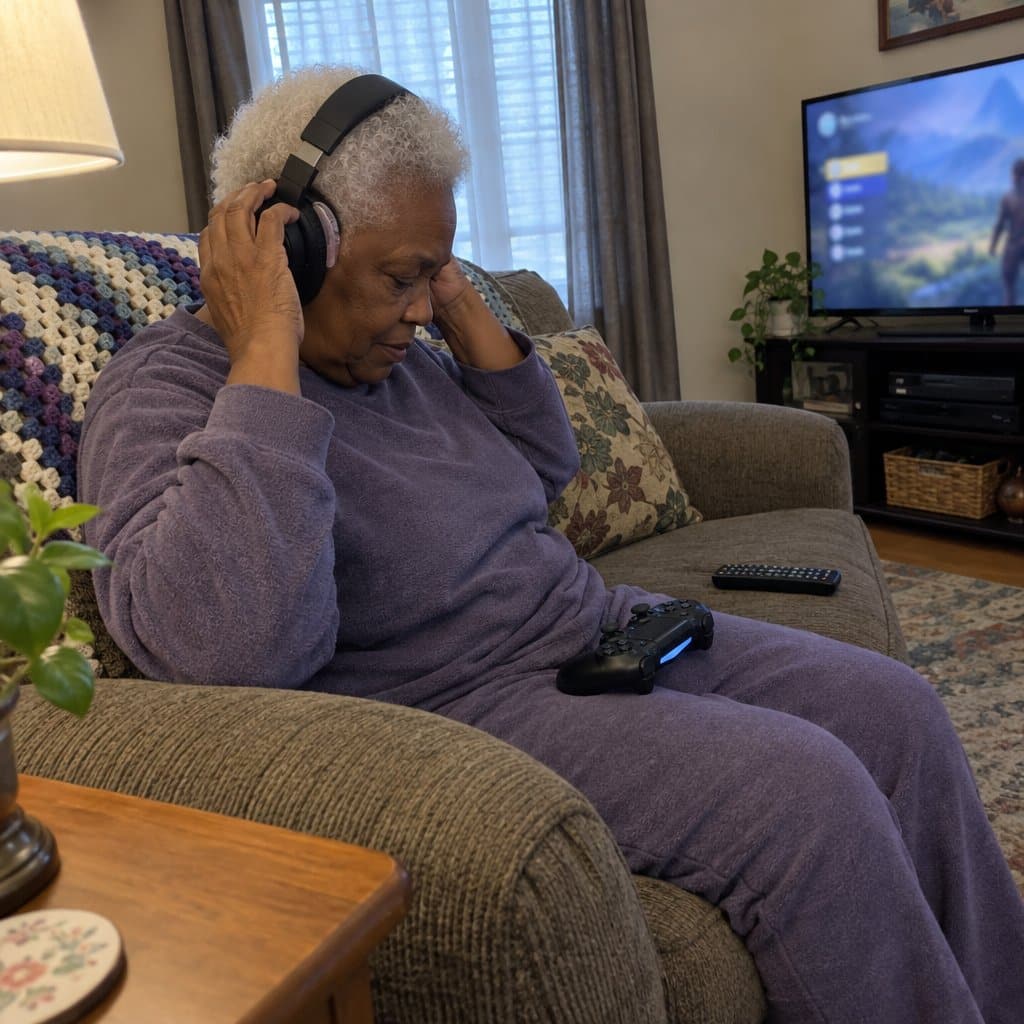 Older woman on a couch adjusting a large headset over her ear with a hearing aid