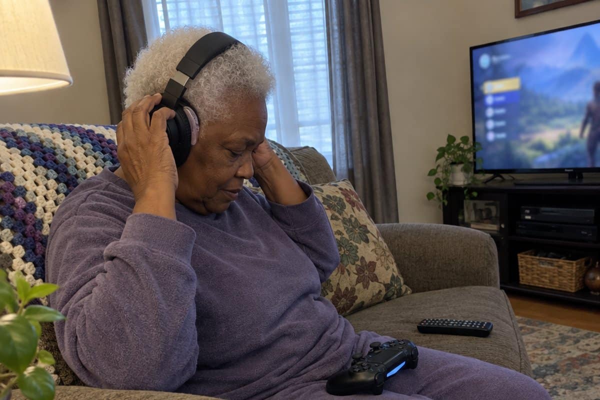 Older woman on a couch adjusting a large headset over her ear with a hearing aid