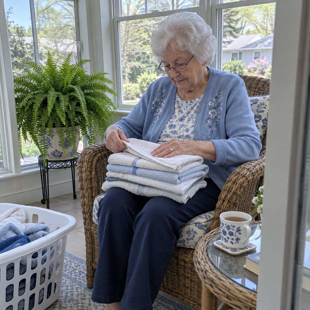 An older woman in a sunroom folds soft towels on her lap.