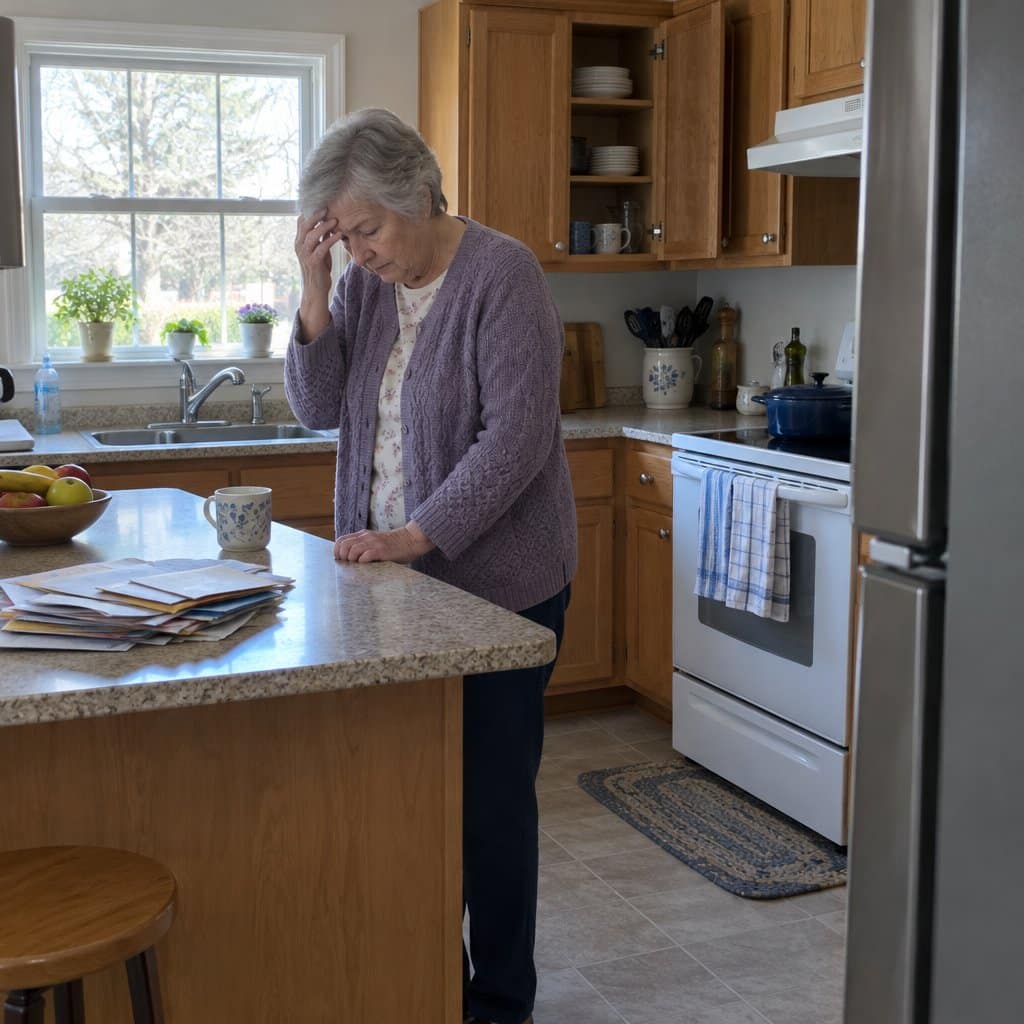 Older woman standing at a kitchen counter with her hand on her forehead, looking down as if trying to remember something
