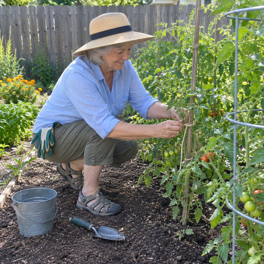 Older woman gardening by a tomato bed wearing closed-toe strap sandals