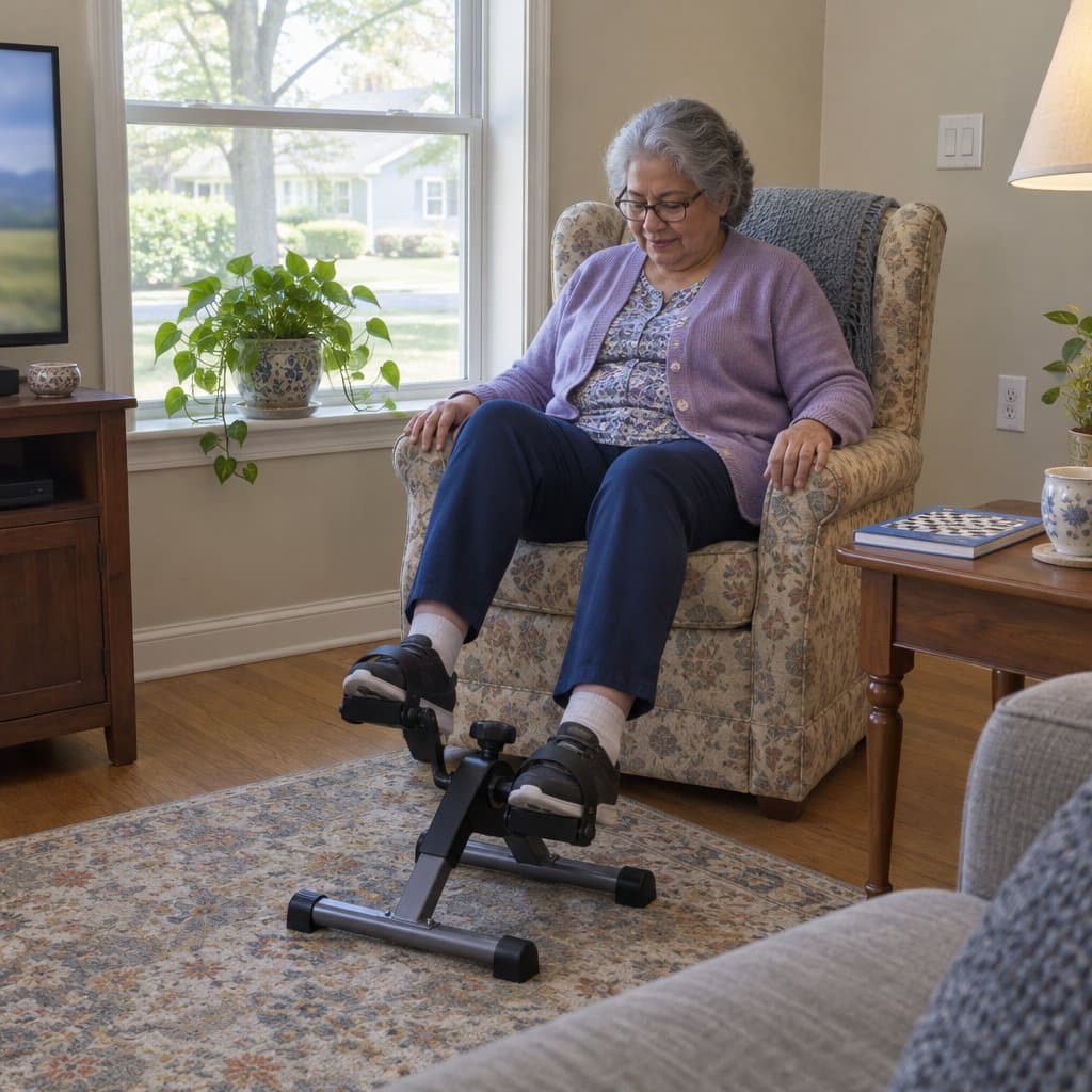 Older woman in a cardigan pedaling a small exerciser from her armchair at home