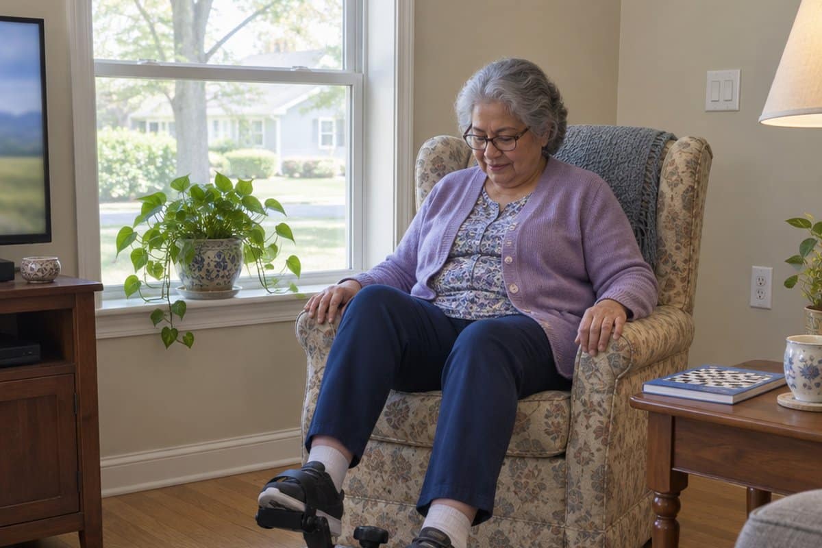 Older woman in a cardigan pedaling a small exerciser from her armchair at home