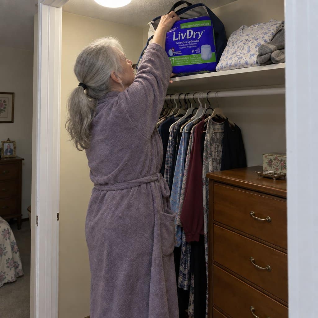 An older woman in a robe reaching up to a shelf to pull overnight incontinence underwear from an open bag