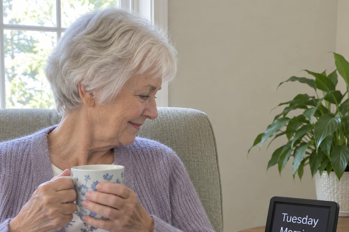 Older woman in an armchair smiling as she looks at a large day and date clock on a side table in a bright living room.