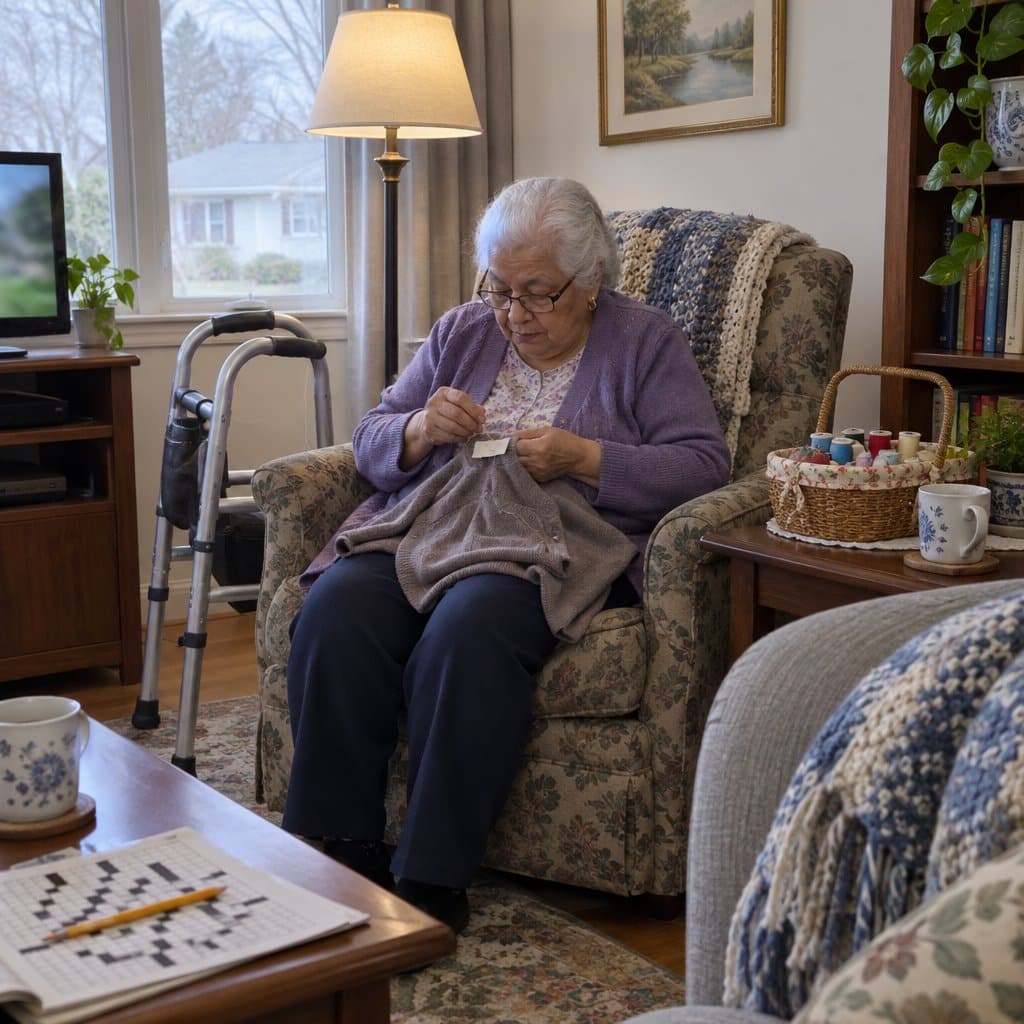 Older woman in an armchair sewing a small label into a cardigan with a walker beside her