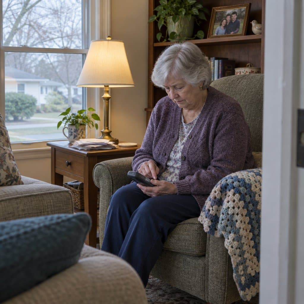 Older woman in a cardigan sitting in an armchair looking down at a phone in her lap in a living room