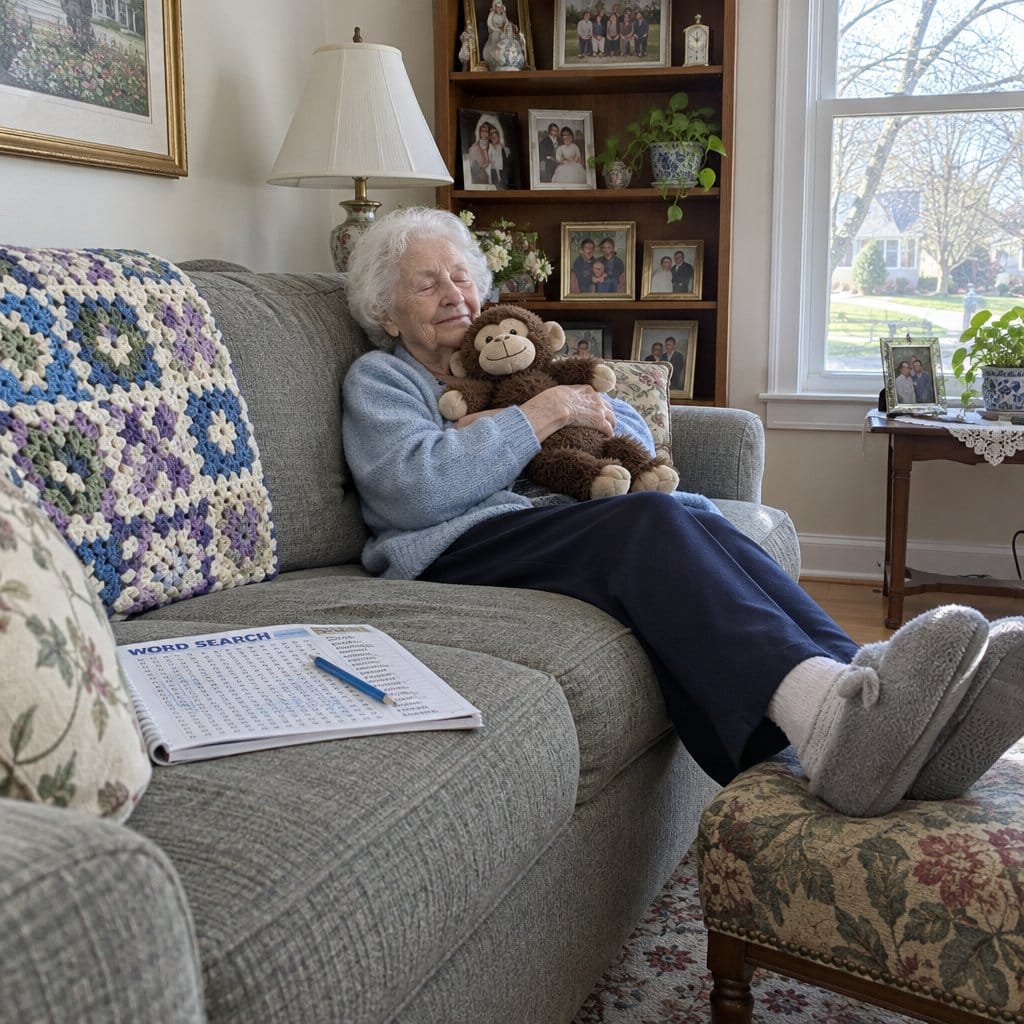 An older woman sits on a sofa peacefully hugging a soft plush monkey.