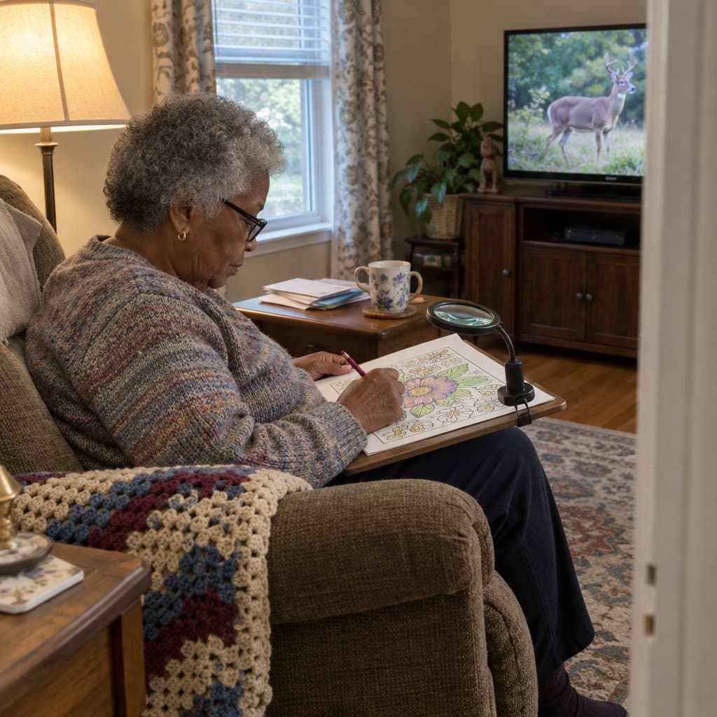 Older woman seated in an armchair coloring a flower page on a lap desk with a magnifier clipped on
