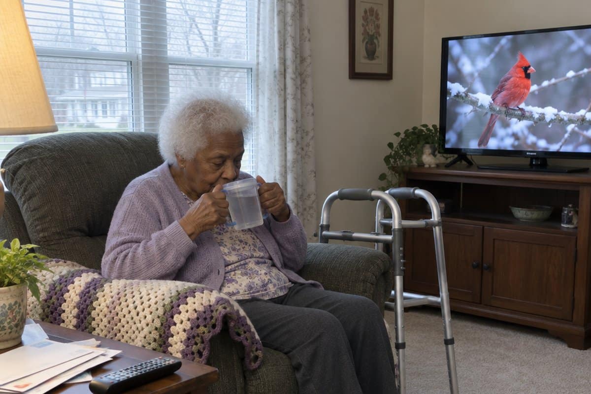 Older woman in an armchair holding a clear two-handled lidded mug with a walker beside her