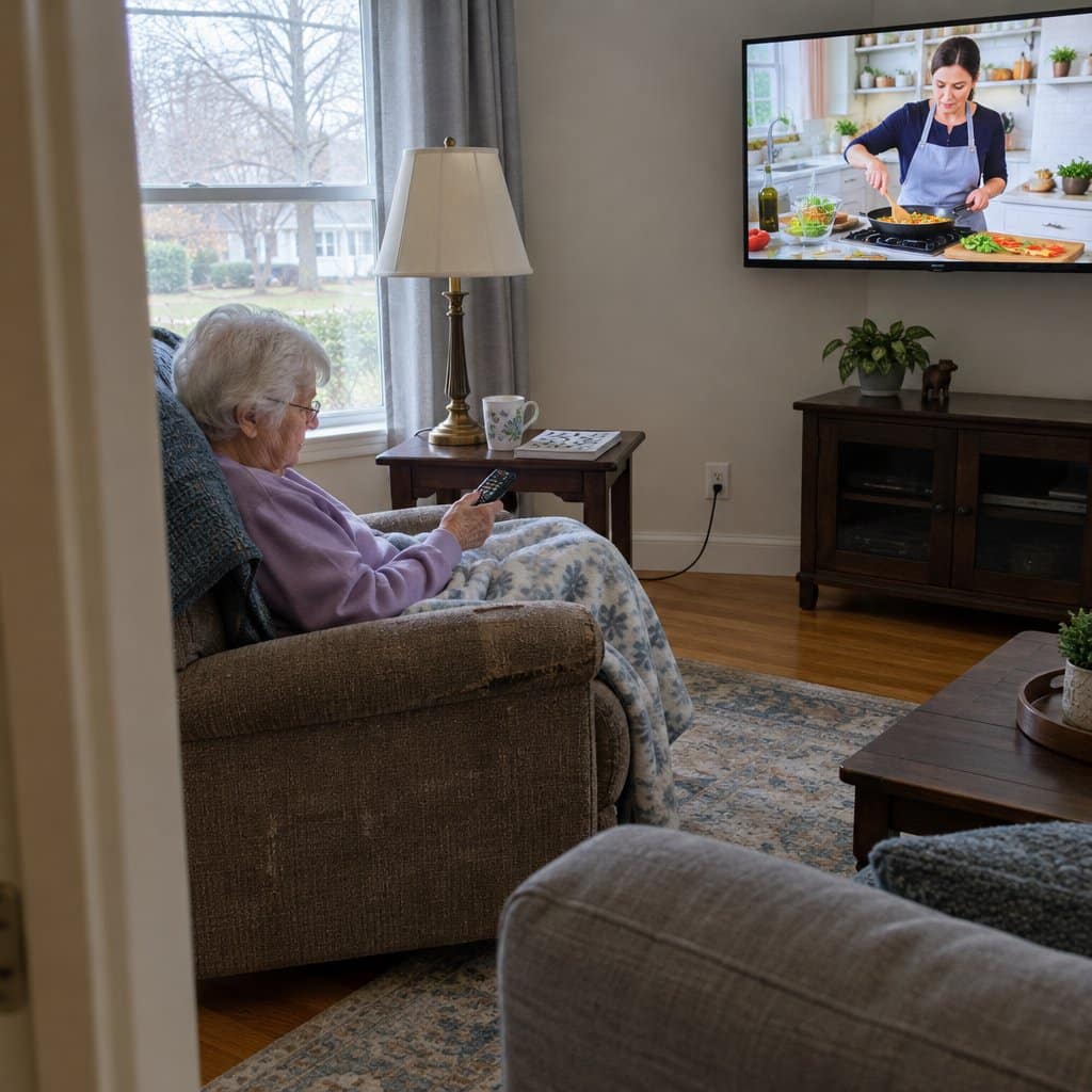 Older woman seated in an armchair with a fleece blanket over her knees holding a remote