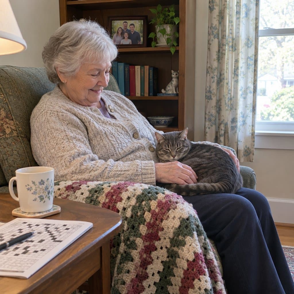 Older woman seated in an armchair with a grey tabby cat asleep on her lap