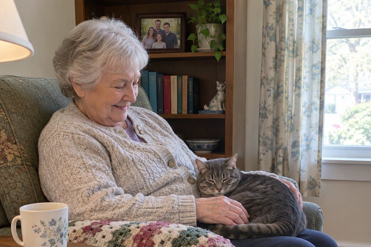 Older woman seated in an armchair with a grey tabby cat asleep on her lap