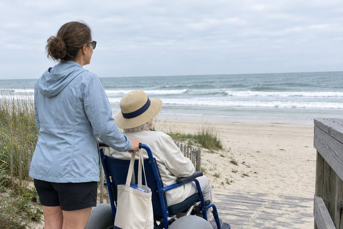 Older woman seated in a beach wheelchair with wide balloon tires on a boardwalk while a younger woman holds the handles