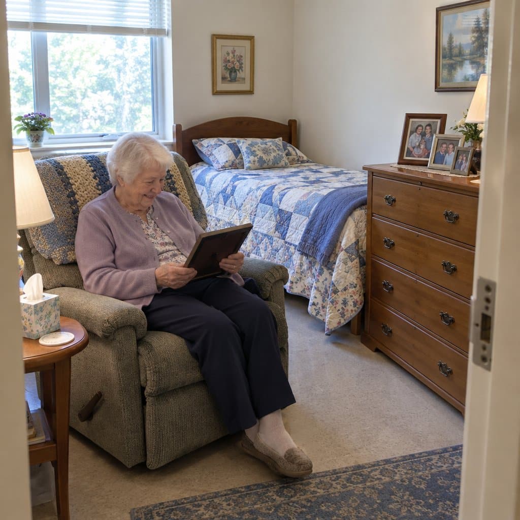 Older woman smiling at a framed photo while sitting in her own recliner in a bright assisted living room