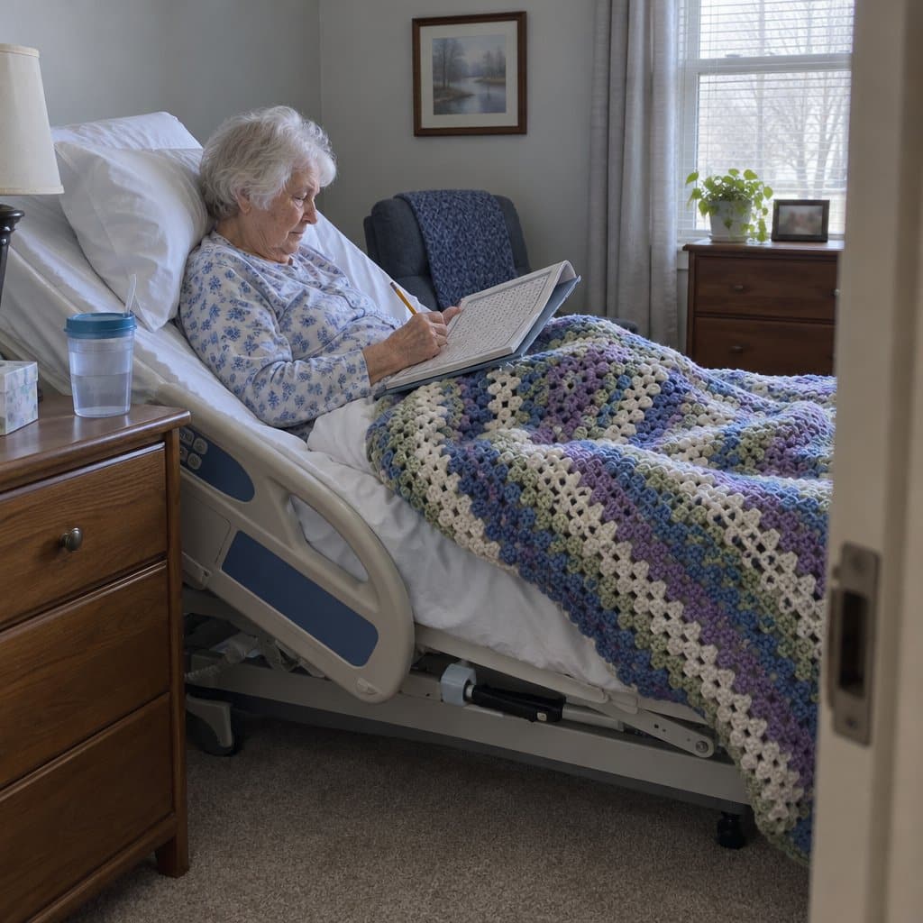 Older woman propped up in a hospital bed looking down at a word search book with a pencil in hand