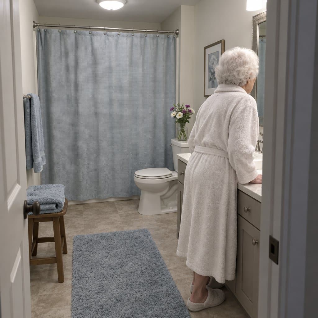 Older woman in a robe at a bathroom sink with the shower curtain closed and flowers on the toilet tank