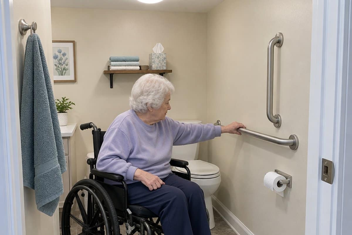 Older woman in a wheelchair with brakes on next to a grab bar on a textured tile bathroom floor