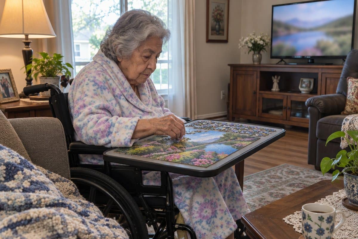Older woman in a wheelchair doing a puzzle on a tray across her lap beside a couch.