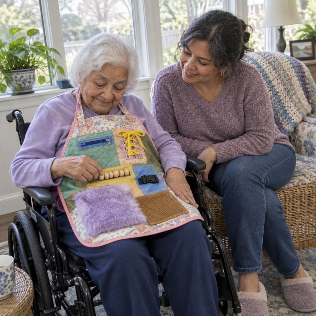 Elderly woman in a wheelchair wearing an activity apron with zippers and buckles while a woman stands beside her.