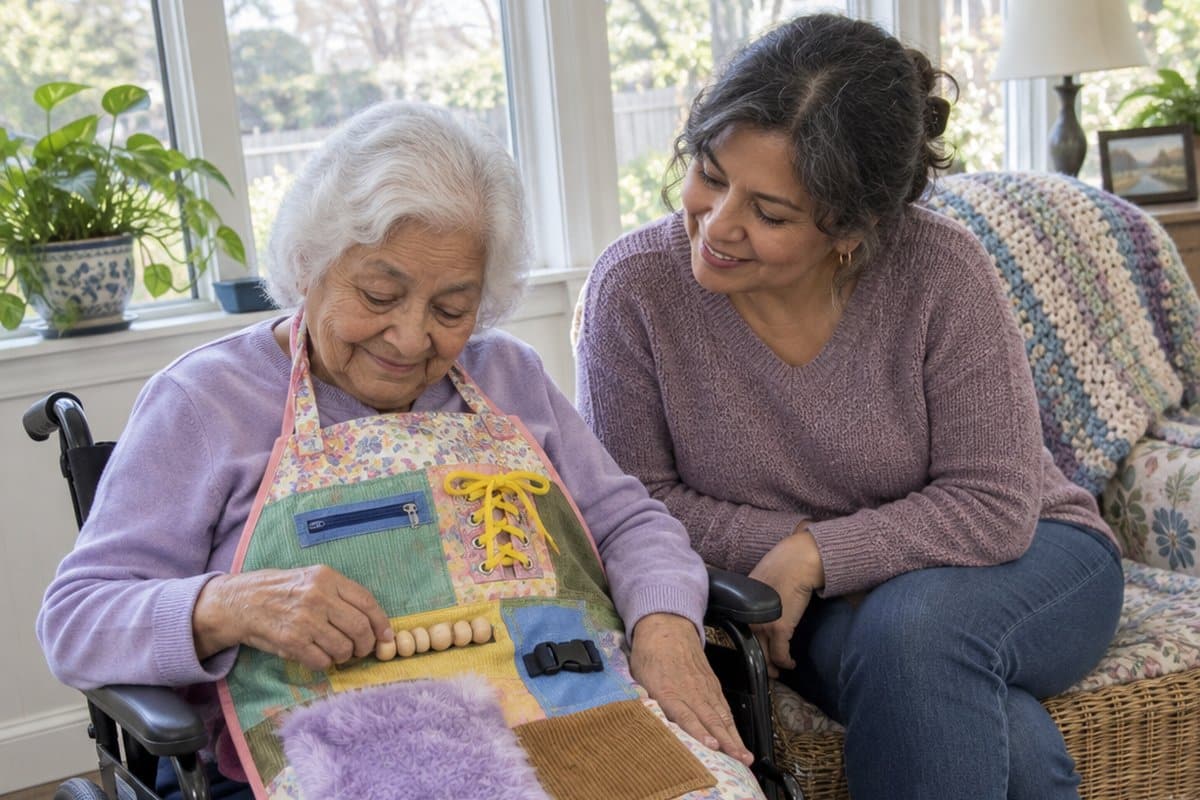Elderly woman in a wheelchair wearing an activity apron with zippers and buckles while a woman stands beside her.