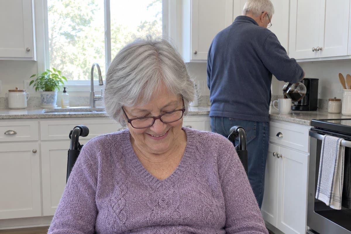 A smiling older woman in a wheelchair tucks a fleece throw over her knees at a sunny kitchen table while her husband pours coffee.