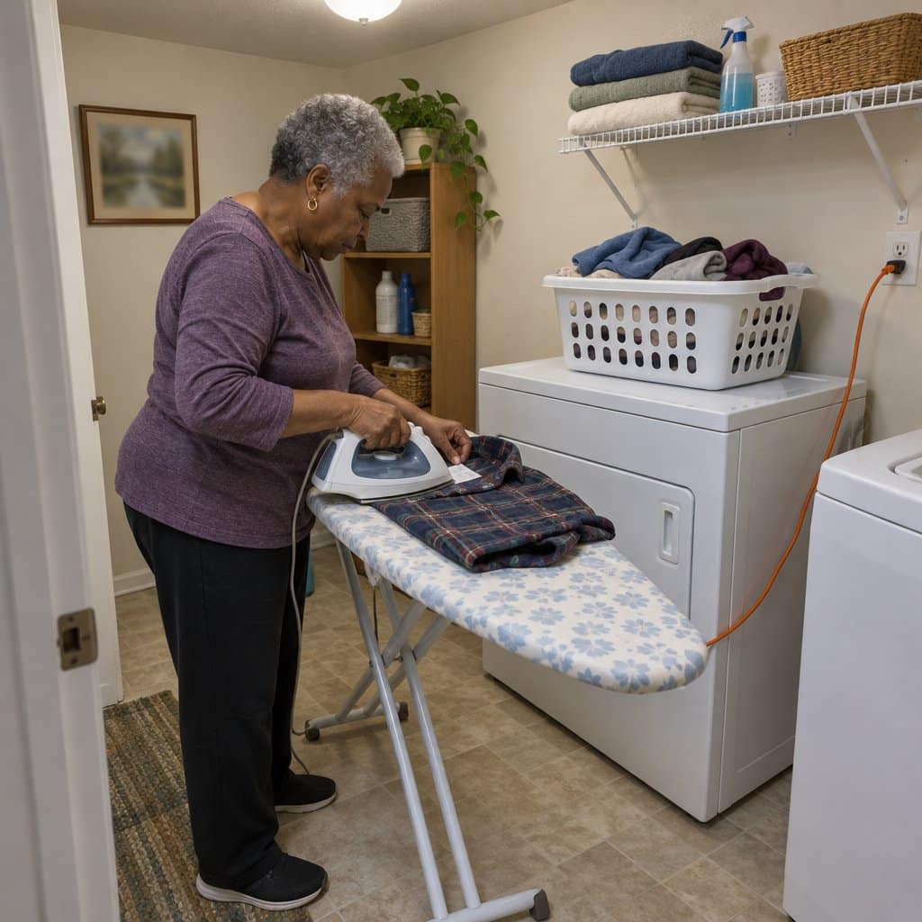 Older woman at an ironing board pressing a small label onto a flannel shirt