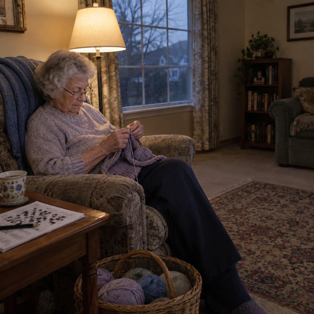 Older woman with grey hair knitting in an armchair beside a floor lamp in a dim living room.