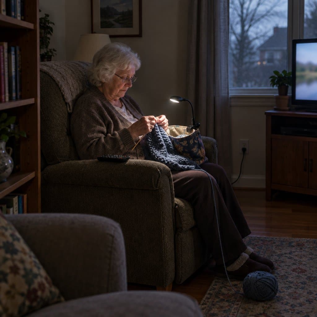 Older woman knitting in an armchair with a small light shining on her lap
