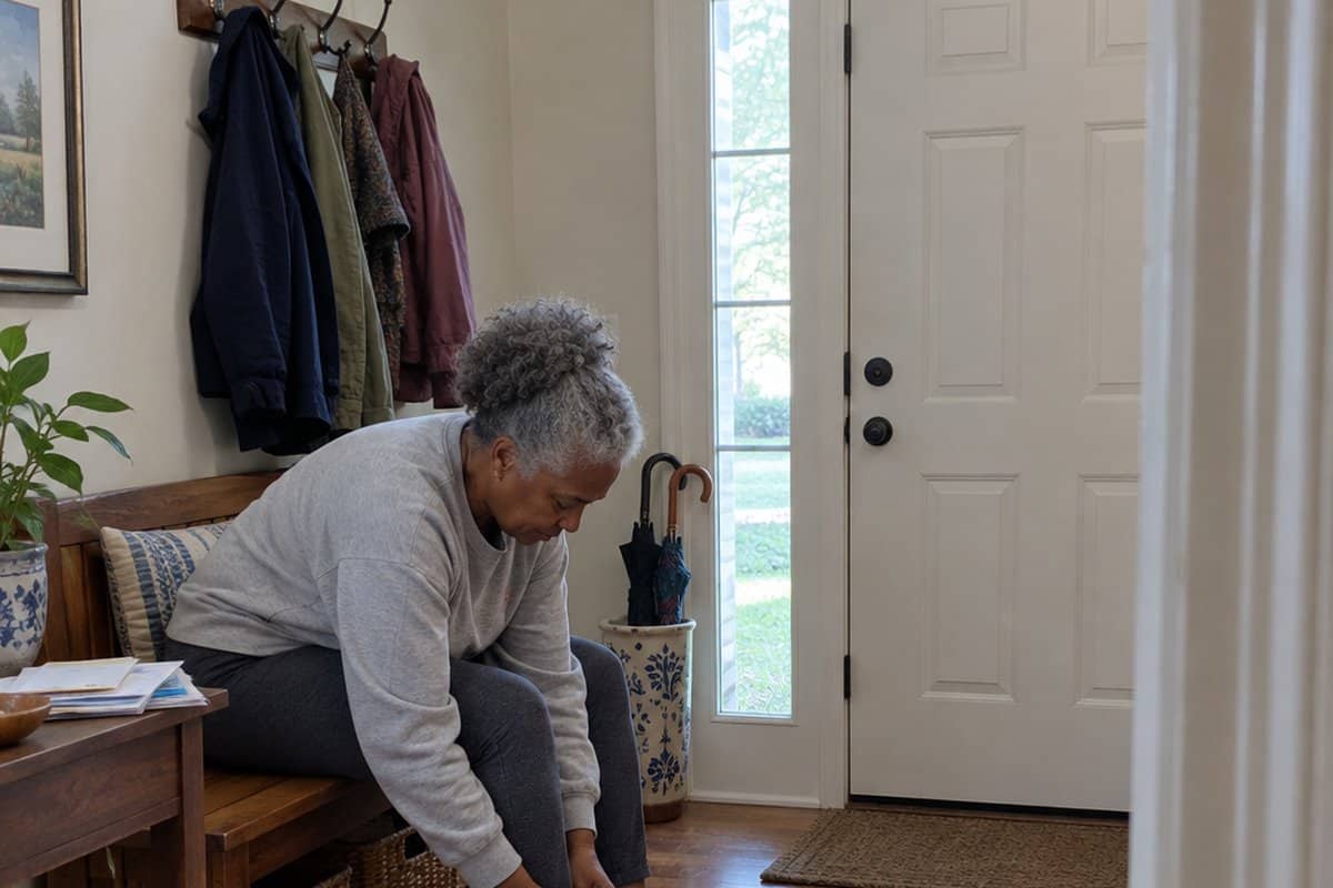 Older woman with grey hair sitting on a hallway bench lacing up grey walking sneakers