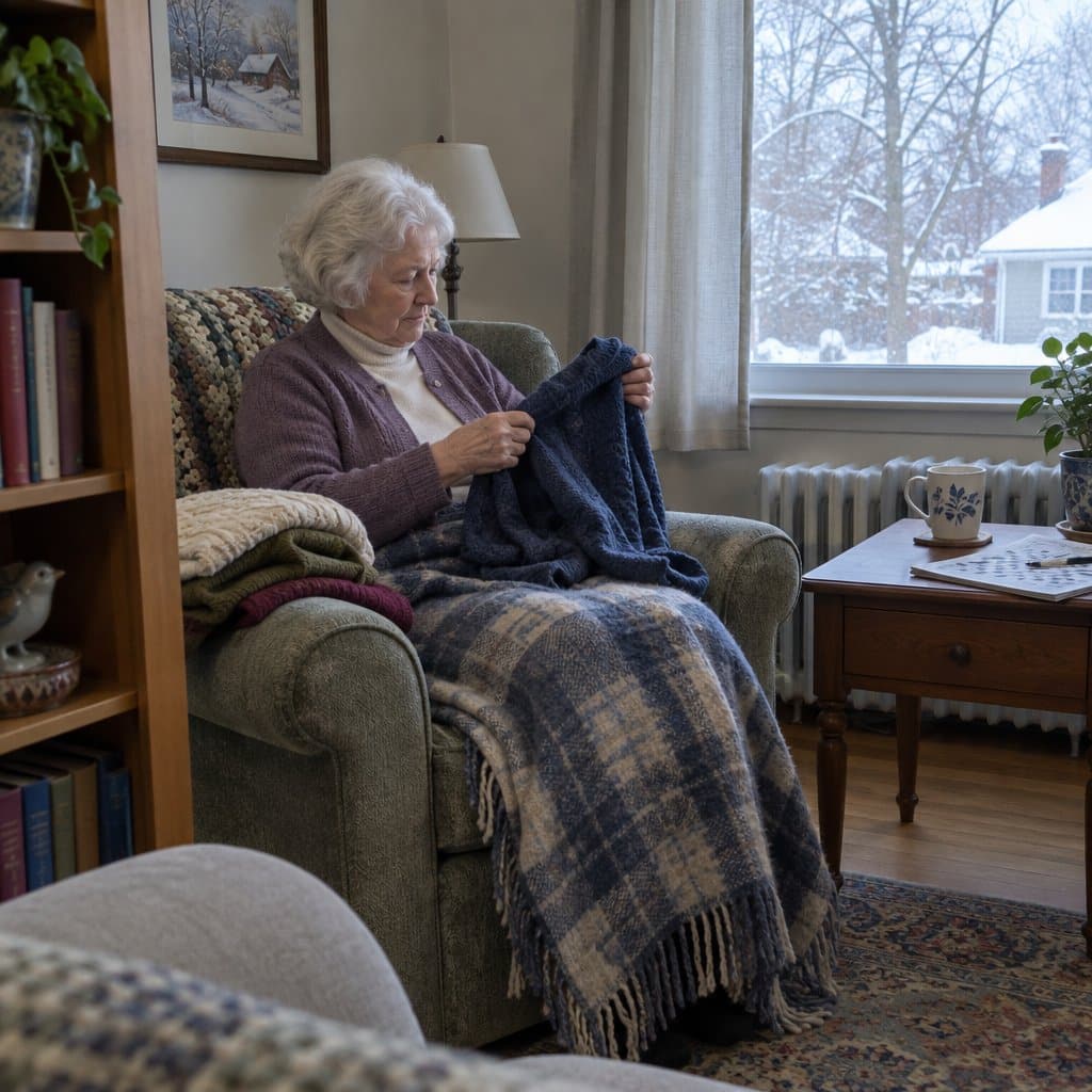 Older woman in an armchair with a blanket on her knees pulling on an extra sweater in a chilly living room
