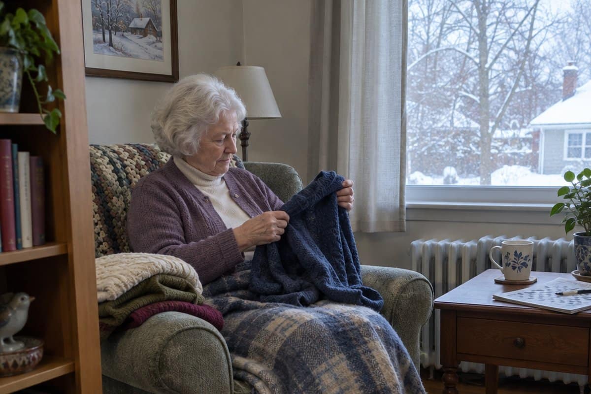 Older woman in an armchair with a blanket on her knees pulling on an extra sweater in a chilly living room