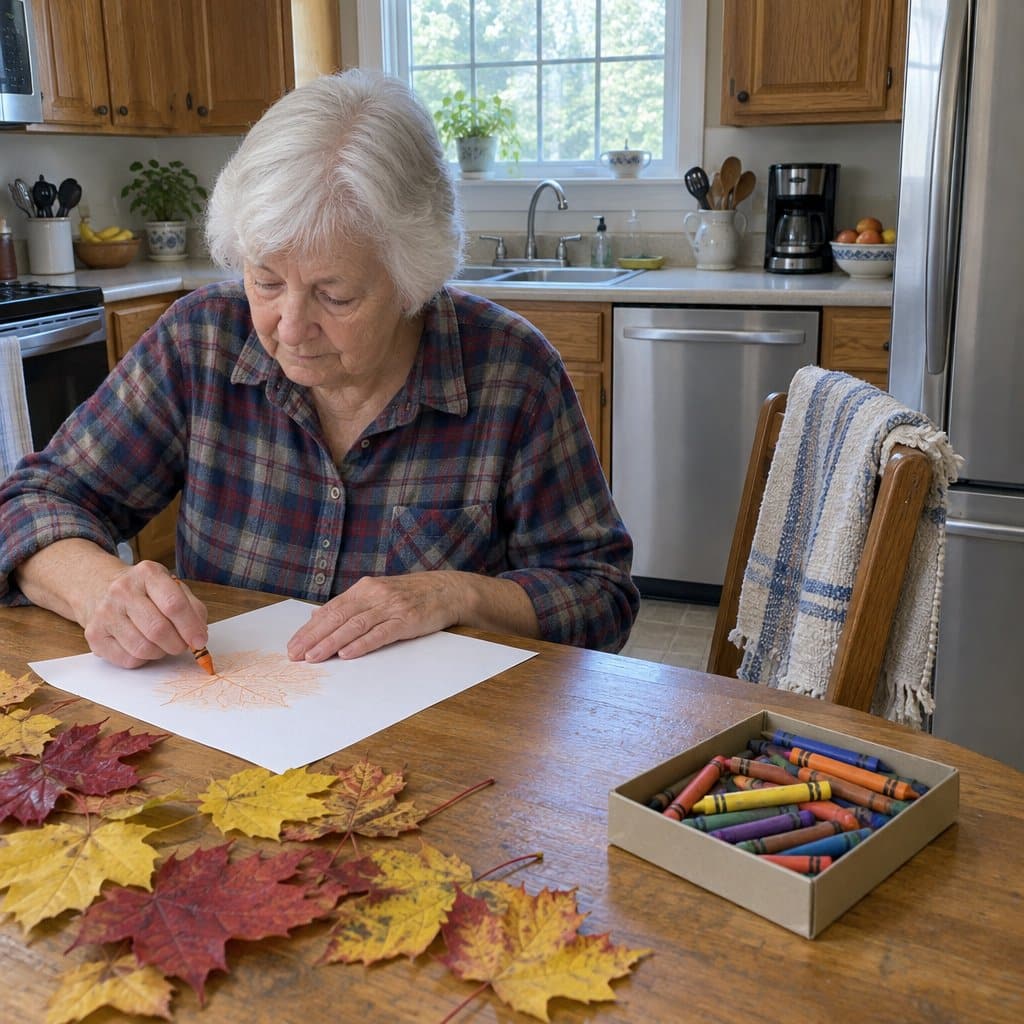 Older woman with white hair making a crayon leaf rubbing at a kitchen table surrounded by autumn leaves