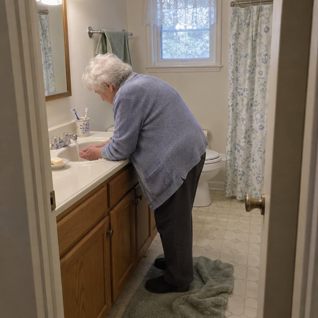 Older woman leaning forward with both hands on the edge of a bathroom sink to reach the running water