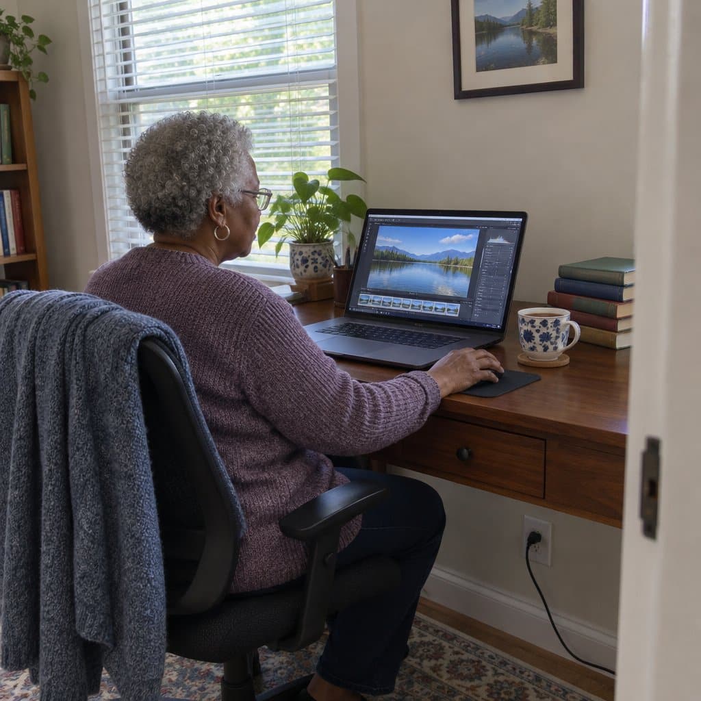 Older woman at a desk editing a lake photo on a laptop