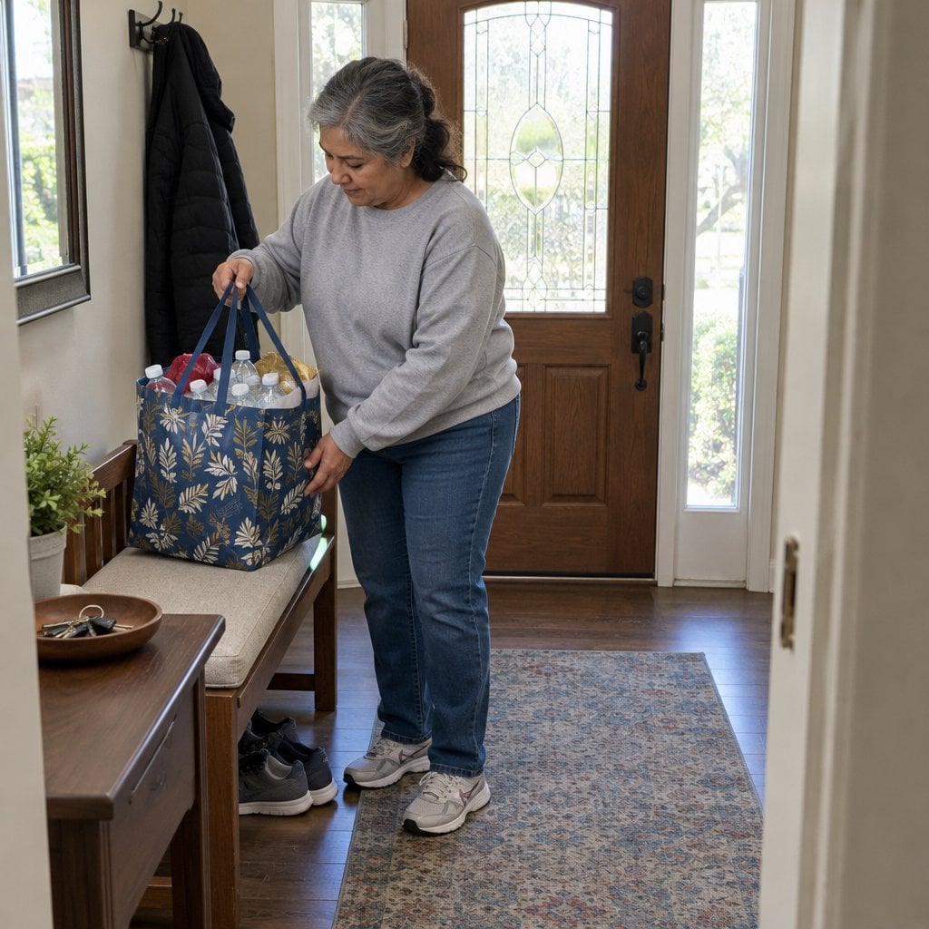 Woman in an entryway lifting a full gift bag with handles to check its weight